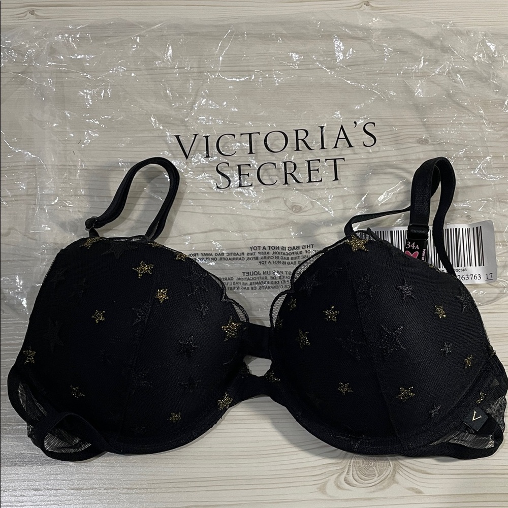 Victoria's Secret Midnight Black Bra with Gold Stars